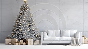 Living Room Christmas interior in Scandinavian style. Christmas tree with gift boxes. ai generative