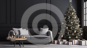 Living Room Christmas interior in Scandinavian style. Christmas tree with gift boxes. Black sofa. ai