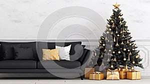 Living Room Christmas interior in Scandinavian style. Christmas tree with gift boxes. Black sofa. ai