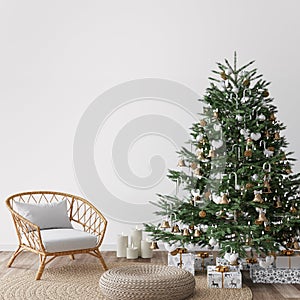 Living Room Christmas interior in Scandinavian style. Christmas tree with gift boxes photo