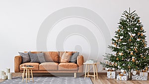 Living Room Christmas interior in Scandinavian style. Christmas tree with gift boxes. Orange sofa on bright wall Mockup.