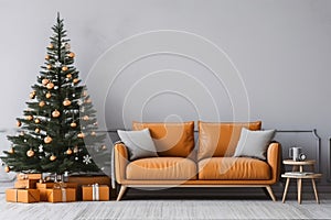 Living Room Christmas interior in Scandinavian style. Christmas tree with gift boxes. Orange sofa on bright wall Mockup. 3d render