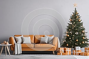 Living Room Christmas interior in Scandinavian style. Christmas tree with gift boxes. Orange sofa on bright wall Mockup. 3d render