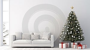 Living Room Christmas interior in Scandinavian style. Christmas tree with gift boxes. white sofa. ai