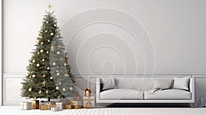 Living Room Christmas interior in Scandinavian style. Christmas tree with gift boxes. white sofa. ai