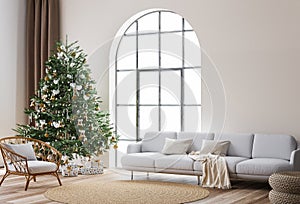 Living Room Christmas interior in Scandinavian style. Christmas tree with gift boxes. white sofa on wall Mockup.