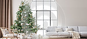 Living Room Christmas interior in Scandinavian style. Christmas tree with gift boxes. white sofa on wall Mockup.