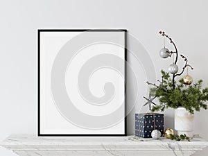 Living Room Christmas interior in Scandinavian style. Christmas tree, toys, gift boxes. Wall Mockup. Poster Mockup. Canva Mockup.