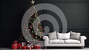 Living room with Christmas tree, gifts, white sofa, and blank dark wall with copy space