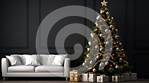 Living room with Christmas tree, gifts, white sofa, and blank dark wall with copy space