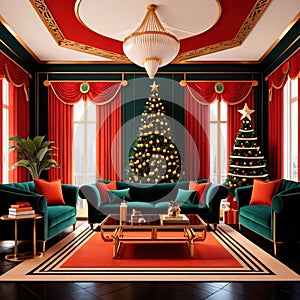 Living room with Christmas tree, holiday celebration, elegant luxury, retro vintage art deco style illustration