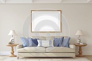 Living-room in coastal style. Interior and frame mockup. 3d render