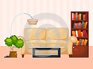 Living room concept interior, cozy chamber place flat vector illustration. Relax in sofa couch, book wardrobe and table