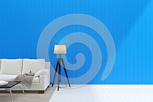 Living room concept interior. 3d render sofa table lamp background wood floor wooden blue wall template design texture