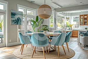 Living Room with Contemporary Interior Design. Featuring Mint-Colored Chairs and a Round Wooden Dining Table