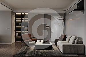 A living room with a corner sofa, an armchair, and white wall, and a shelf on the wall. 3d rendering