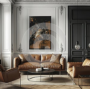 Living room with a couch, chair, coffee table and a painting, Canvas painting mockup