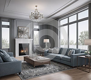 A living room with a couch, coffee table, and chandelier.