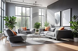 Living room with couch, table, plantfilled windows in a spacious house