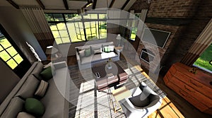 Living room in a country house 3d illustration