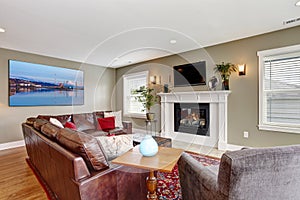 Living room with cozy fireplace and leather couch