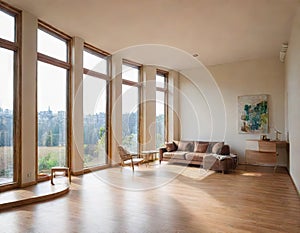 Living room with cozy grey sofa in a loft style interior with potted Cozy bright