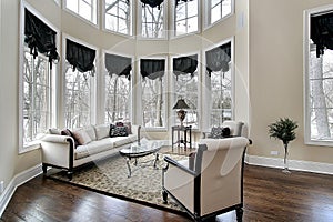 Living room with curved windows