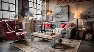 Living room decor, home interior design . Industrial Rustic style