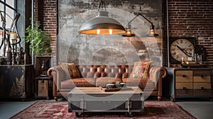 Living room decor, home interior design . Industrial Rustic style