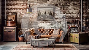 Living room decor, home interior design . Industrial Rustic style