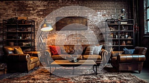 Living room decor, home interior design . Industrial Rustic style