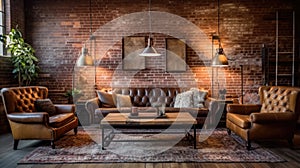 Living room decor, home interior design . Industrial Rustic style
