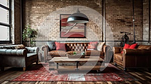 Living room decor, home interior design . Industrial Rustic style