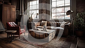 Living room decor, home interior design . Industrial Rustic style