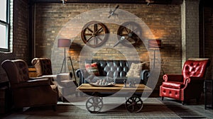 Living room decor, home interior design . Industrial Rustic style