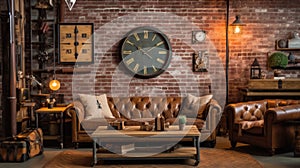 Living room decor, home interior design . Rustic Industrial style