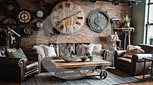 Living room decor, home interior design . Rustic Industrial style