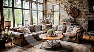 Living room decor, home interior design . Rustic Industrial style