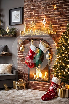 living room decorated for christmas with christmas ornaments and stockings