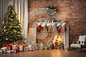 living room decorated for christmas with christmas ornaments and stockings