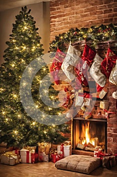 living room decorated for christmas with christmas ornaments and stockings