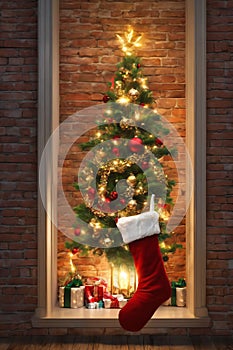 living room decorated for christmas with christmas ornaments and stockings