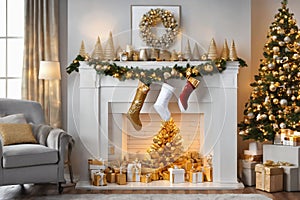 living room decorated for christmas with christmas ornaments and stockings