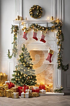 living room decorated for christmas with christmas ornaments and stockings