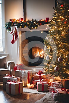 Living room decorated for Christmas with fireplace, Christmas tree and xmas ornaments.