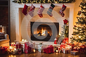 Living room decorated for Christmas with fireplace, Christmas tree and xmas ornaments.