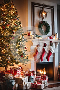 Living room decorated for Christmas with fireplace, Christmas tree and xmas ornaments.