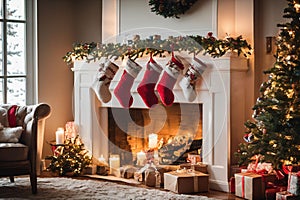 Living room decorated for Christmas with fireplace, Christmas tree and xmas ornaments.