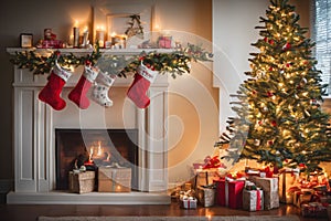 Living room decorated for Christmas with fireplace, Christmas tree and xmas ornaments.