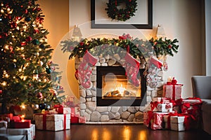 Living room decorated for Christmas with fireplace, Christmas tree and xmas ornaments.